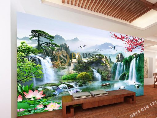 Tranh dán tường 3D - Tranh phong cảnh thác nước sơn thủy hữu tình 5D015