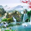 Tranh dán tường 3D - Tranh phong cảnh thác nước sơn thủy hữu tình 5D015