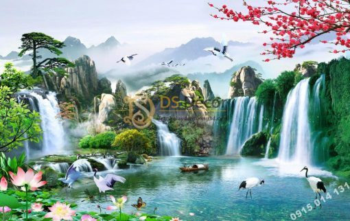 Tranh dán tường 3D - Tranh phong cảnh thác nước sơn thủy hữu tình 5D015